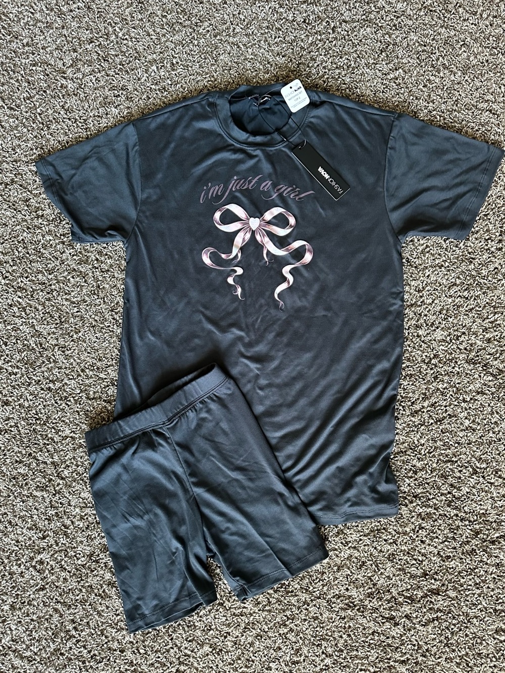 Fashion Nova Black Short-Sleeve Lounge Set with Pink Ribbon Graphic